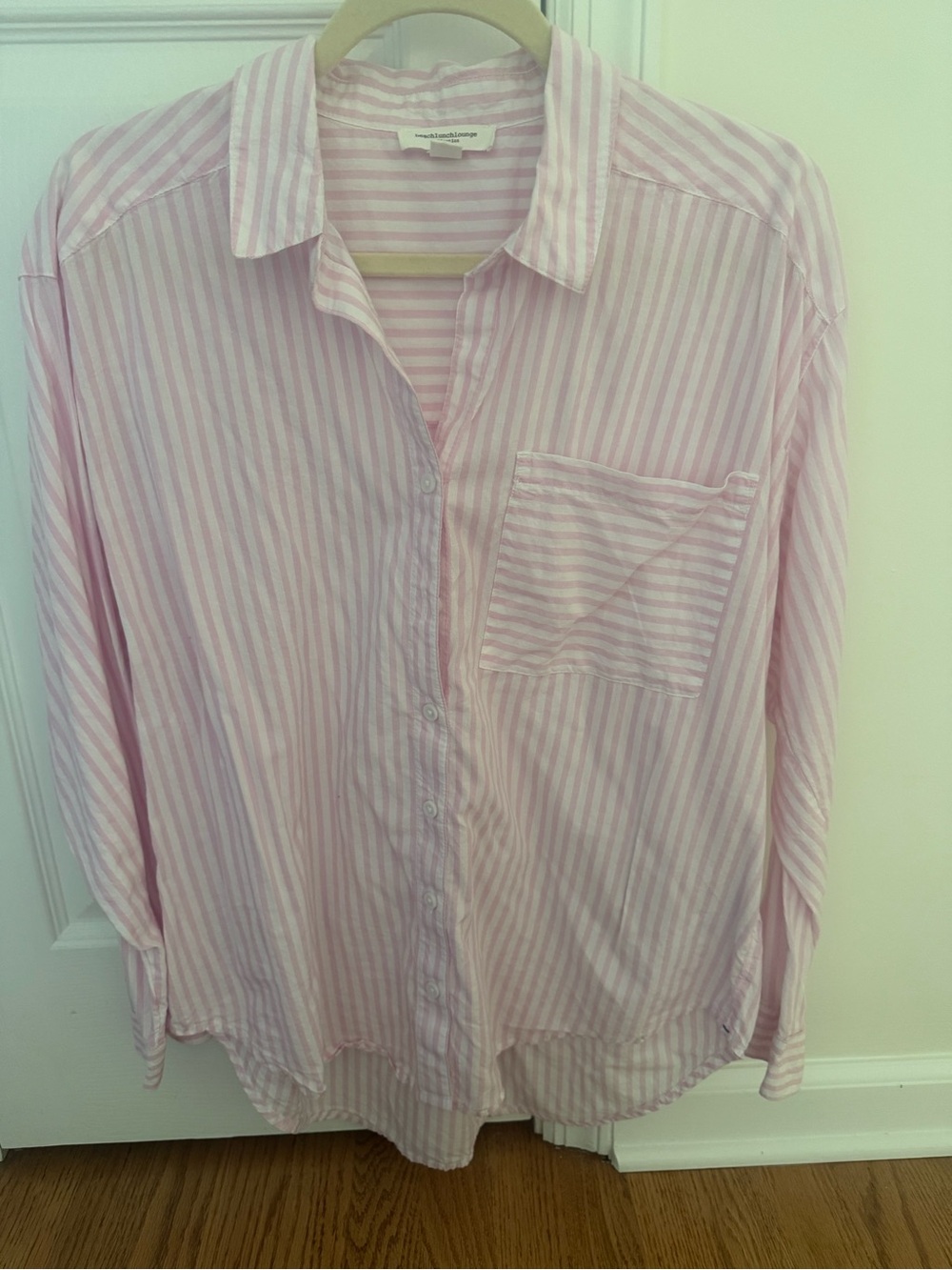 beachlunchlounge Light Pink and White Striped Button-Up Blouse